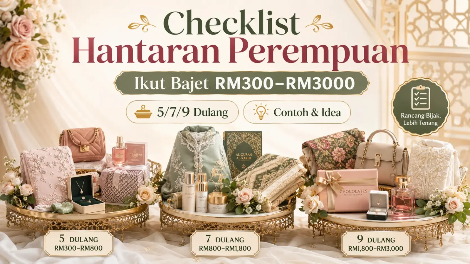 Hantaran Kahwin Perempuan: Checklist Lengkap Ikut Bajet (RM300–RM3000) + Contoh Dulang