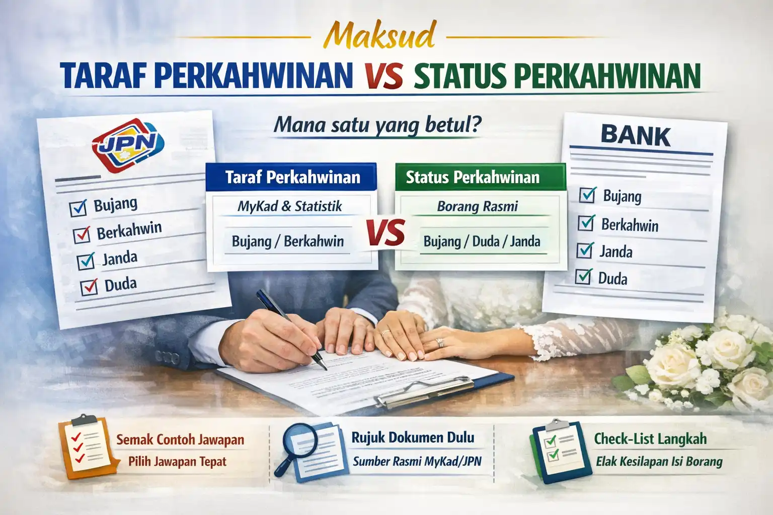 Maksud Taraf Perkahwinan vs Status Perkahwinan: Apa Bezanya & Kenapa Selalu Keliru? Maksud Taraf Perkahwinan vs Status Perkahwinan: Apa Bezanya & Kenapa Selalu Keliru?