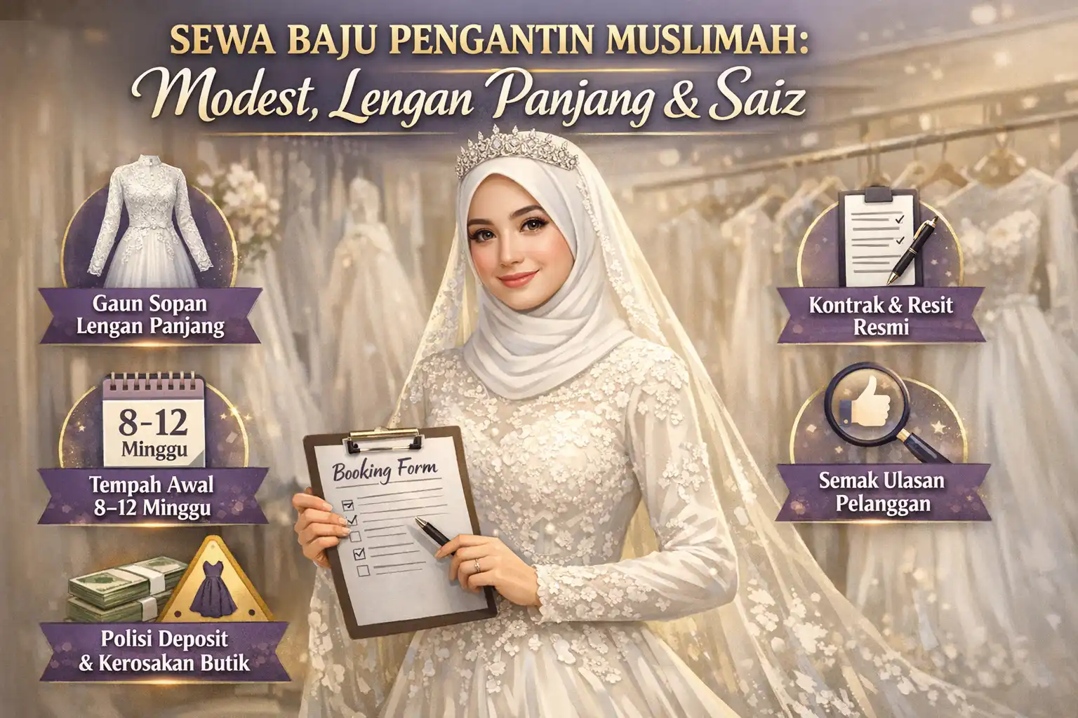 Sewa Baju Pengantin Muslimah: Modest, Long Sleeves, & Alterasi Saiz